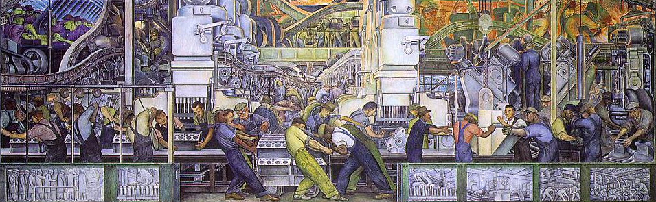 Mural of workers at a Detroit assembly plant