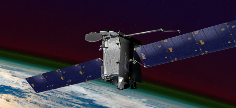 Commercial communications satellite flying above Earth.